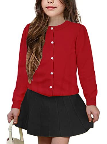 UELoop Mädchen-Strickjacke mit Rundhalsausschnitt [niedliche Blütenblatt-Knöpfe] Baumwolle Langarm Uniform Pullover für 5 6 5-6 5T 6Y Jahre Mädchen Rot von UELoop