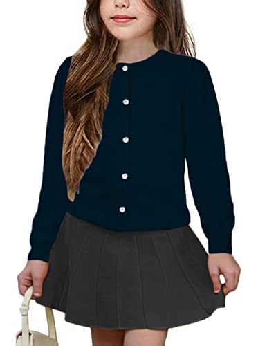 UELoop Mädchen-Strickjacke mit Rundhalsausschnitt [niedliche Blütenblatt-Knöpfe] Baumwolle Langarm Uniform Pullover für Size 11-12 10-12 11 12 Jahre Mädchen Marineblau von UELoop