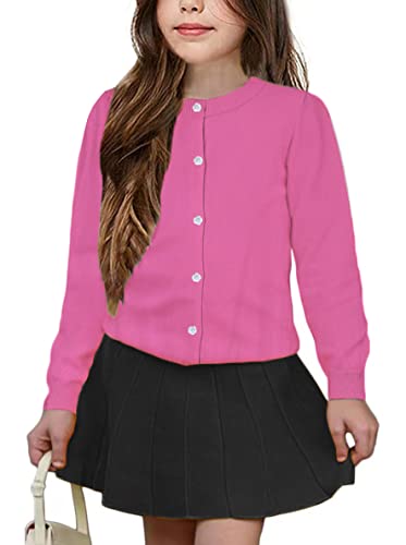 UELoop Mädchen-Strickjacke mit Rundhalsausschnitt [niedliche Blütenblatt-Knöpfe] Baumwolle Langarm Uniform Pullover für Size 13-14 13 14 Jahre Mädchen Pink Rosa von UELoop