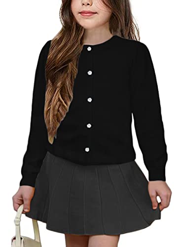 UELoop Mädchen-Strickjacke mit Rundhalsausschnitt [niedliche Blütenblatt-Knöpfe] Baumwolle Langarm Uniform Pullover für Size 13-14 13 14 Jahre Mädchen Schwarz von UELoop