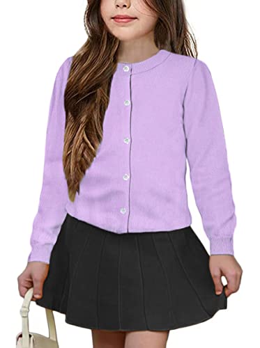 UELoop Mädchen-Strickjacke mit Rundhalsausschnitt [niedliche Blütenblatt-Knöpfe] Baumwolle Langarm Uniform Pullover für Size 7-8 7 8 Jahre Mädchen Lavendel Lila Violett von UELoop