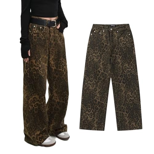 UGIF Tan Leopard Jeans, Leoparden Jeans Baggy, Hellbraune Leoparden Baggy Jeans Damen, Vintage Jeans Mode Komfortabel Jeans, Oversized Cargohose mit Taschen von UGIF