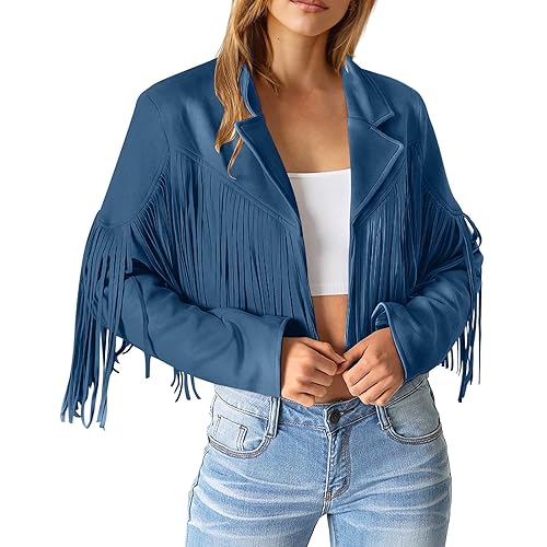 Damen Faux Wildleder Lederjacke mit Quasten Crop Fransen Strickjacke Mantel Freizeit Langarm Übergangsjacke Kurze Fransenjacke Motorradjacke Bikerjacke Outdoor Jacke Fransenmantel(1-Dark Blue, L) von UIFLQXX