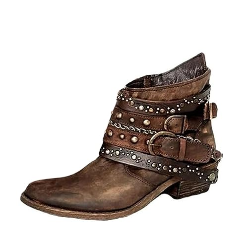 UIFLQXX Damenstiefel mit Keilabsatz und Stiefeln, für Mädchen, kurze Stiefelette, Cowboy, Motorrad, Lederschuhe, Stiefeletten, braun, 38.5 EU von UIFLQXX