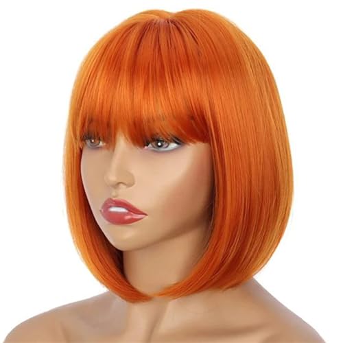 Kurze Bob Echthaarperücke Mit Fransen Für Frauen Glattes Haar Bob Perücken Mit Pony Ginger Orange 12inches von UIOKLMJH