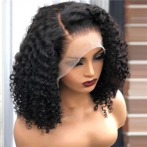 Lockige Bob Perücke Spitze Front Echthaar Perücken Für Frauen Transparenter Spitzenverschluss Kurze Perücke Side Part 8inches#180 Density von UIOKLMJH