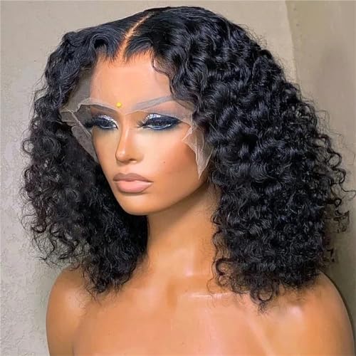 Lockige Perücke Echthaar Kurzer Bob Spitzenfront Echthaar Perücken Für Frauen Kurz Tief Lockig 2 4x4 Lace Closure#8inches#180 Density von UIOKLMJH