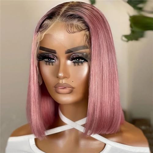 Ombre Bob Perücke Gerade Spitze Vorne Echthaar Perücken Für Frauen Kurze Bob Transparente Spitze Perücke Ombre pink 13 * 5 * 2#12inches#180 Density von UIOKLMJH