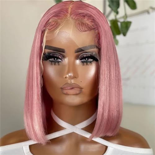 Ombre Bob Perücke Gerade Spitze Vorne Echthaar Perücken Für Frauen Kurze Bob Transparente Spitze Perücke pink 13 * 5 * 2#12inches#180 Density von UIOKLMJH