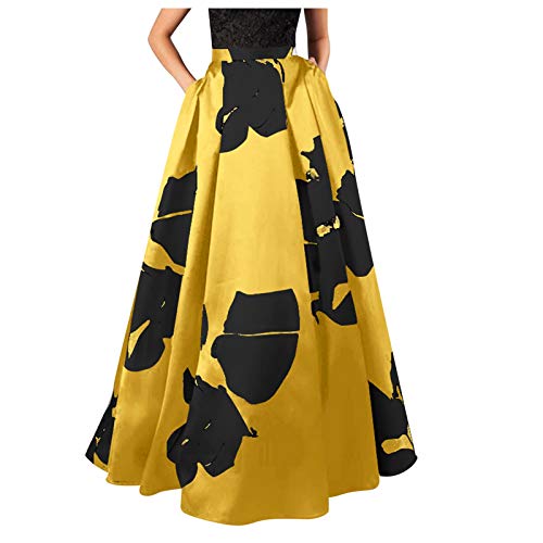UJUNAOR Women Floral Print High Waist Pocket Bohemian Maxi Skirt Party Beach Long Skirt Dresses (Yellow, L) von UJUNAOR