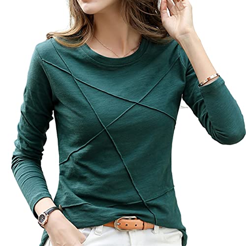 Langarm t-Shirt Damen Ribbed Bambus Baumwollt-Shirt Herbst Frauen Oansatz Lose Einfache Lila T-Shirt-Green,M von UKKO