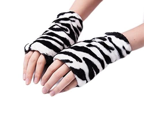 UKKO Handschuhe Frauen Winter Touch Screen Mitte Süße Leopard Zebra Verdicken Korallenfleece Halbfingerhandschuhe Unisex Schwarz Fahrhandschuhe-Black White Zebra,21X10 von UKKO