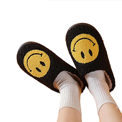 UKKO Hausschuhe Winter Frauen Smiley Hausschuhe Flauschige Faux Pelz Lächeln Gesicht Haushalt Weiche Hausschuhe Schuhe Für Frauen Indoor Weibliche Schuhe-Black,42-43(265Mm) von UKKO