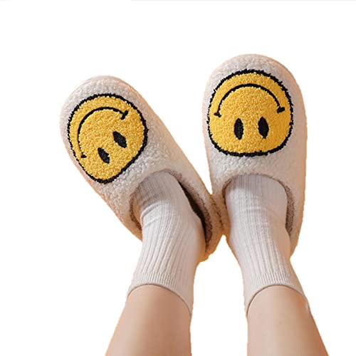 UKKO Hausschuhe Winter Frauen Smiley Hausschuhe Flauschige Faux Pelz Lächeln Gesicht Haushalt Weiche Hausschuhe Schuhe Für Frauen Indoor Weibliche Schuhe-White,38-39(245Mm) von UKKO