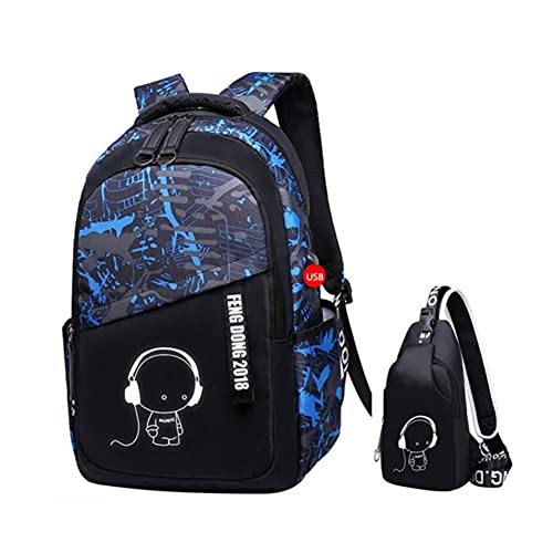 UKKO Schulrucksack Jungen Schultaschen Wasserdichte Große Rucksack Für Jugendliche Bagpack High School Rucksack Für Boy Student Brusttasche Set-Blue Camouflage von UKKO