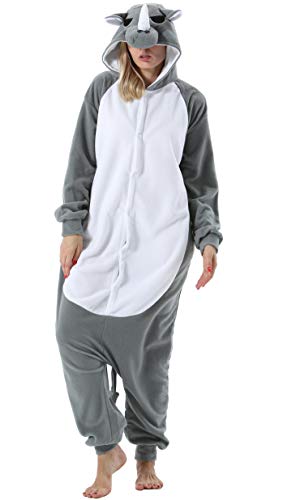 ULEEMARK Damen Herren Jumpsuit Onesie Tier Fasching Halloween Kostüm Lounge Sleepsuit Cosplay Overall Pyjama Schlafanzug Erwachsene Unisex Grau Nashorn for L von ULEEMARK