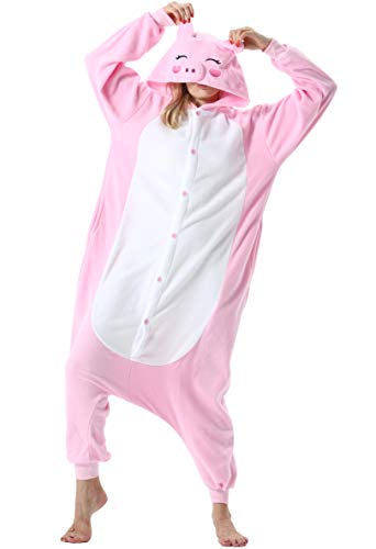 Damen Herren Jumpsuit Onesie Tier Fasching Halloween Kostüm Lounge Sleepsuit Cosplay Overall Pyjama Schlafanzug Erwachsene Unisex Rosa Schwein for S von ULEEMARK