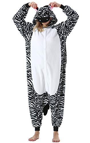 ULEEMARK Damen Herren Jumpsuit Onesie Tier Fasching Halloween Kostüm Lounge Sleepsuit Cosplay Overall Pyjama Schlafanzug Erwachsene Unisex Zebra for S von ULEEMARK