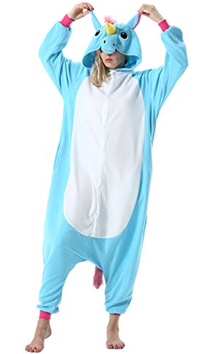 ULEEMARK Damen Jumpsuit Onesie Tier Fasching Halloween Kostüm Lounge Sleepsuit Herren Cosplay Overall Pyjama Schlafanzug Erwachsene Unisex Einhorn Blau for L von ULEEMARK