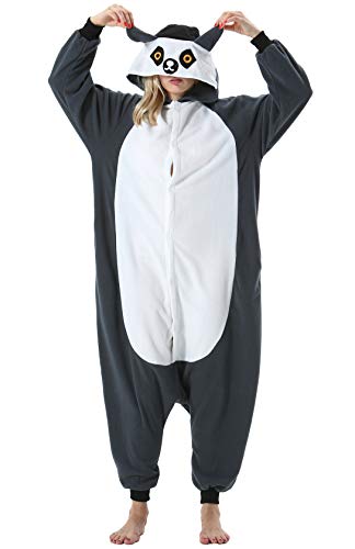 ULEEMARK Damen Jumpsuit Onesie Tier Fasching Halloween Kostüm Lounge Sleepsuit Herren Cosplay Overall Pyjama Schlafanzug Erwachsene Unisex Lemur for L von ULEEMARK