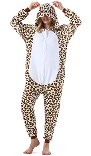 ULEEMARK Damen Jumpsuit Onesie Tier Fasching Halloween Kostüm Lounge Sleepsuit Herren Cosplay Overall Pyjama Schlafanzug Erwachsene Unisex Leopard Bär for L von ULEEMARK