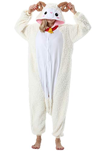 ULEEMARK Damen Jumpsuit Onesie Tier Fasching Halloween Kostüm Lounge Sleepsuit Herren Cosplay Overall Pyjama Schlafanzug Erwachsene Unisex Schaf for M von ULEEMARK