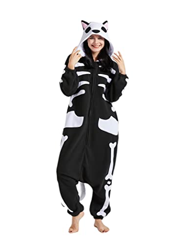 ULEEMARK Onesie Tier Damen Sleepwear Erwachsene Hoodie Tier Pyjamas Schädelkatze-M(156-167CM) von ULEEMARK