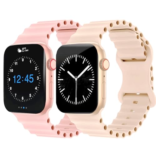 ULITIQ 2-Pack Ocean Band Kompatibel mit Apple Watch Armband 44mm 45mm 42mm 49mm für Ultra, Ultra 2 und Serie 9 8 SE 7 6 5 4 3, Damen Männer Silikon Sport Armband für iWatch, (Pink, Beige) von ULITIQ