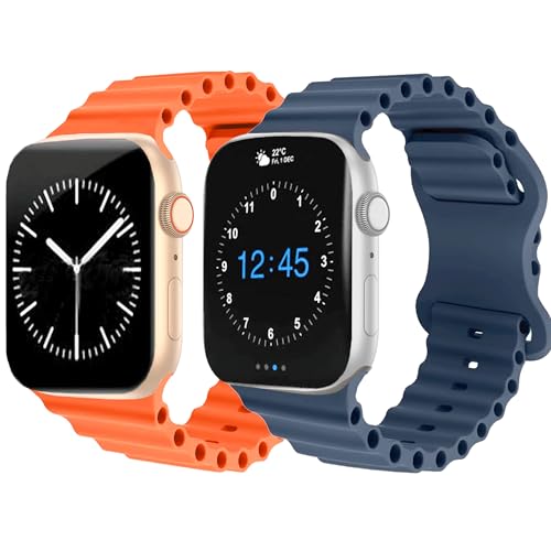 ULITIQ 2-Pack Ocean Band Kompatibel mit Apple Watch Armband 44mm 45mm 42mm 49mm für Ultra, Ultra 2 und Serie 9 8 SE 7 6 5 4 3, Damen Männer Silikon Sport Armband für iWatch, (Tiefblau, Orange) von ULITIQ