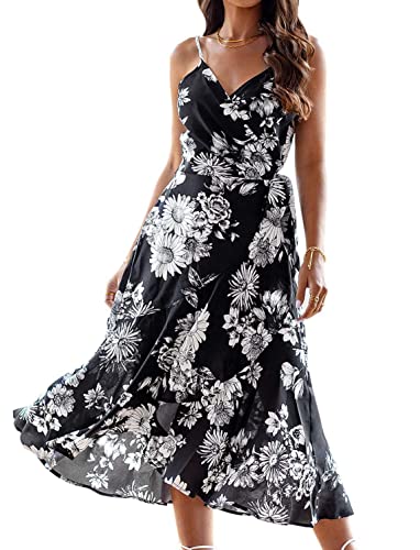 ULTRANICE Damen Sommerkleid V-Ausschnitt Spaghettiträger Wickelkleid Blumenmuster Kleid Rüsche Midikleid 2023(Floral B,klein) von ULTRANICE