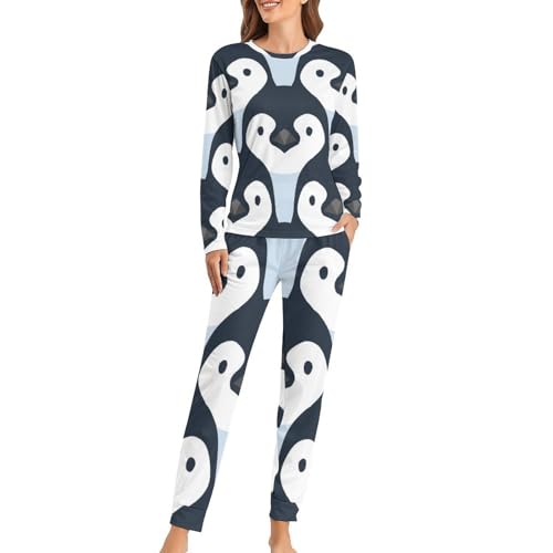 UMENG Cartoon Pinguin Damen Schlafanzug Lange Pyjama Set Zweiteiliger Nachtwäsche Langarm Hausanzug Sleepwear von UMENG