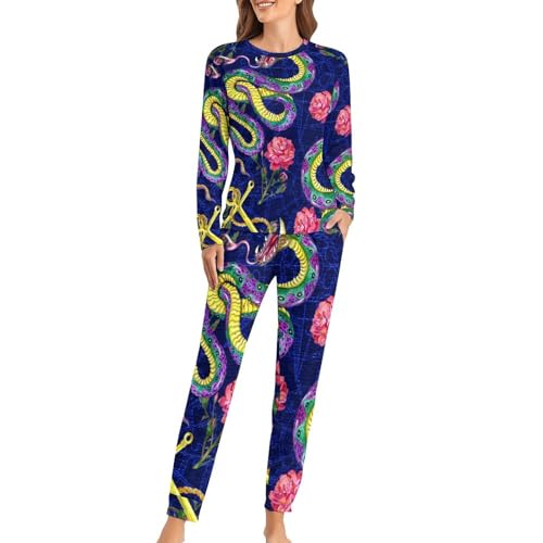 UMENG Schlange Rose Damen Schlafanzug Lange Pyjama Set Zweiteiliger Nachtwäsche Langarm Hausanzug Sleepwear von UMENG