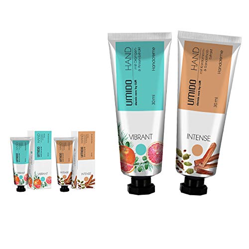 UMIDO 2 Stück Set Handcreme Set 30 ml | 1x Orangen-Extrakt & Pinien-Extrakt | 1x Kardamom-Extrakt & Sandelholz-Extrakt | ohne Parabene | Creme | Pflegecreme | Handlotion | Handcreme mini von UMIDO - dermis care by LLM