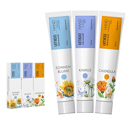 UMIDO 3 Stück Set Hand-Lotion Set 45 ml | 1x Sonnenblume | 1x Kamille | 1x Ringelblume | Handcreme | Pflegecreme | Hand-Pflege | Handcreme Set von UMIDO - dermis care by LLM