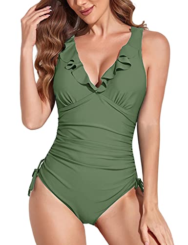 UMIPUBO Badeanzug Damen Bauchweg Sexy Rüschen V-Ausschnitt Badeanzug Verstellbarer Schultergurt am Rücken Einteilige Bademode Swimsuit(Grün,XXL) von UMIPUBO