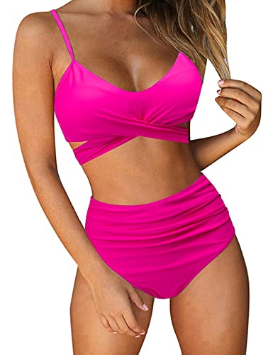 UMIPUBO Bikini Damen High Waist, Push up Badeanzug Verstellbar Crossover Zurück Ties-up Bikini Set Große Brüste Zweiteiliger Strandbikini (Rosenrot,XXL) von UMIPUBO