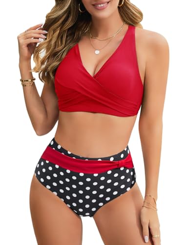 UMIPUBO Bikini Damen Set Bauchweg Große Brüste High Waist Push Up Bikinis Gekreuztem V Ausschnitt Sexy Bademode Bauchkontrolle Swimsuit Strandbikini(Rot,S) von UMIPUBO