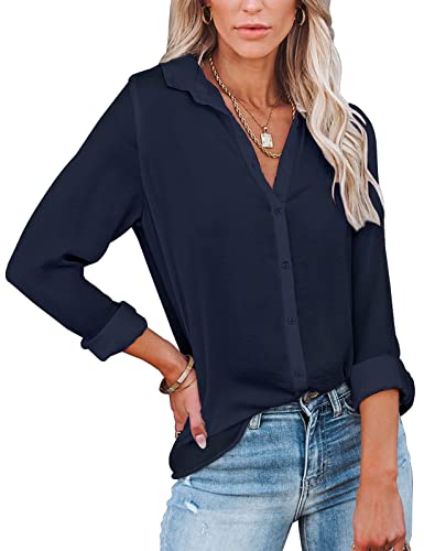 UMIPUBO Bluse Damen Elegant V-Ausschnitt Langarm Casual Shirt Geknöpftes Oberteil Fashion Arbeit Hemden Tops für Frauen (Dunkelblau,S) von UMIPUBO