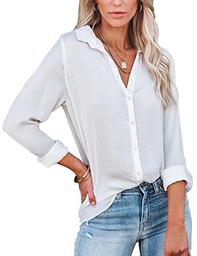UMIPUBO Bluse Damen Elegant V-Ausschnitt Langarm Casual Shirt Geknöpftes Oberteil Fashion Arbeit Hemden Tops für Frauen (Weiß,XXL) von UMIPUBO