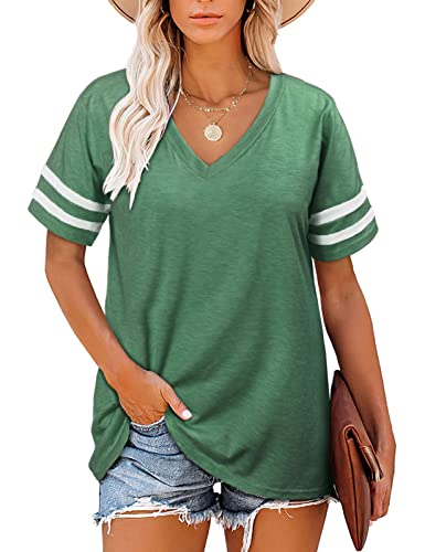 UMIPUBO Damen T-Shirt Kurzarm Modisches Gestreiftes Ärmel V-Ausschnitt T Shirts Oversized Mode Lose Tops Sommer Grosse Grössen T Shirt(Grün,XXL) von UMIPUBO