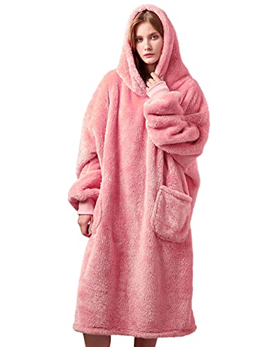 UMIPUBO Decken Hoodie Sweatshirt, Oversized Sherpa Blanket Kapuzenpullover, Warmer Winterpullover Blanket, Sweatshirt Decke mit Zwei Taschen,Super Weich und Bequem,Geeignet für Männer, Frauen (Rosa) von UMIPUBO