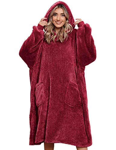 UMIPUBO Decken Hoodie Sweatshirt, Oversized Sherpa Blanket Kapuzenpullover, Warmer Winterpullover Blanket, Sweatshirt Decke mit Zwei Taschen,Super Weich und Bequem (Weinrot,Einheitsgröße) von UMIPUBO