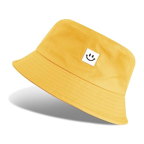 UMIPUBO Fischerhut Bucket Hat Smile Herren Damen Bunt,Sonnenhut Sommerhut Bestickte Fischerhüte,Blumendruck Früchte Druck Mütze,Freizeithut Anglerhut Unisex Hüte (Smile - Gelb 02) von UMIPUBO