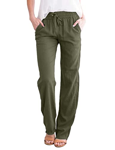 UMIPUBO Freizeithose Damen Sommer, Einfarbig Freizeit Hose Elastischer Bund mit Kordelzug, Elegant Baumwolle Leinenhose Jogginghose Mit Taschen (Armeegrün,L) von UMIPUBO