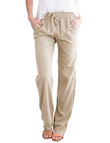 UMIPUBO Freizeithose Damen Sommer, Einfarbig Freizeit Hose Elastischer Bund mit Kordelzug, Elegant Baumwolle Leinenhose Jogginghose Mit Taschen (Khaki,M) von UMIPUBO