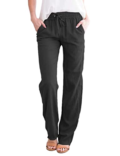 UMIPUBO Freizeithose Damen Sommer, Einfarbig Freizeit Hose Elastischer Bund mit Kordelzug, Elegant Baumwolle Leinenhose Jogginghose Mit Taschen (Schwarz,S) von UMIPUBO