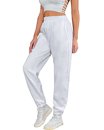 UMIPUBO Jogginghose Damen Baumwolle Lang, Warme Sweatpants Fleece Freizeithose Jogger Hose High Waist mit Taschen, Basic Modische Laufhosen (Weiß, L) von UMIPUBO