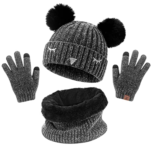 UMIPUBO Mütze Schal Handschuh-sets für Mädchen Jungen,3 in 1 Chenille Winter Warme Strickmütze, Touchscreen Handschuhe, Schal für Kinder, Wintergeschenke für Kinder 6-10 Jahre(Schwarz,Einheitsgröße) von UMIPUBO