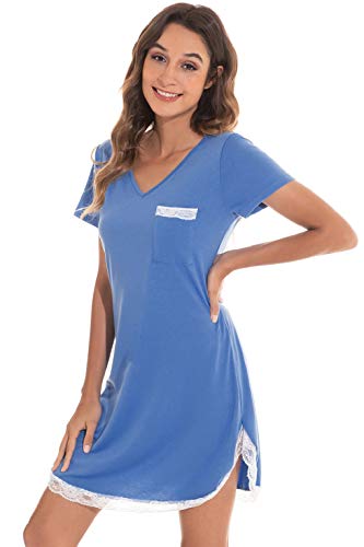 UMIPUBO Nachthemden Damen Sommer Damen Kurzarm Nachthemd Nachthemd aus Baumwolle mit Spitzenrand Sleepshirt S-XXL (Himmelblau, S) von UMIPUBO