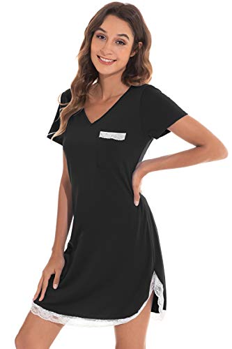 UMIPUBO Nachthemden Damen Sommer Damen Kurzarm Nachthemd Nachthemd aus Baumwolle mit Spitzenrand Sleepshirt S-XXL (Schwarz, S) von UMIPUBO